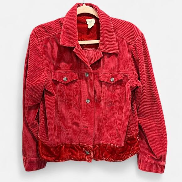 J.Jill Red Courderoy Trucker Coat With Velvet Trim Boho Chic Effortless Classic - Picture 3 of 10